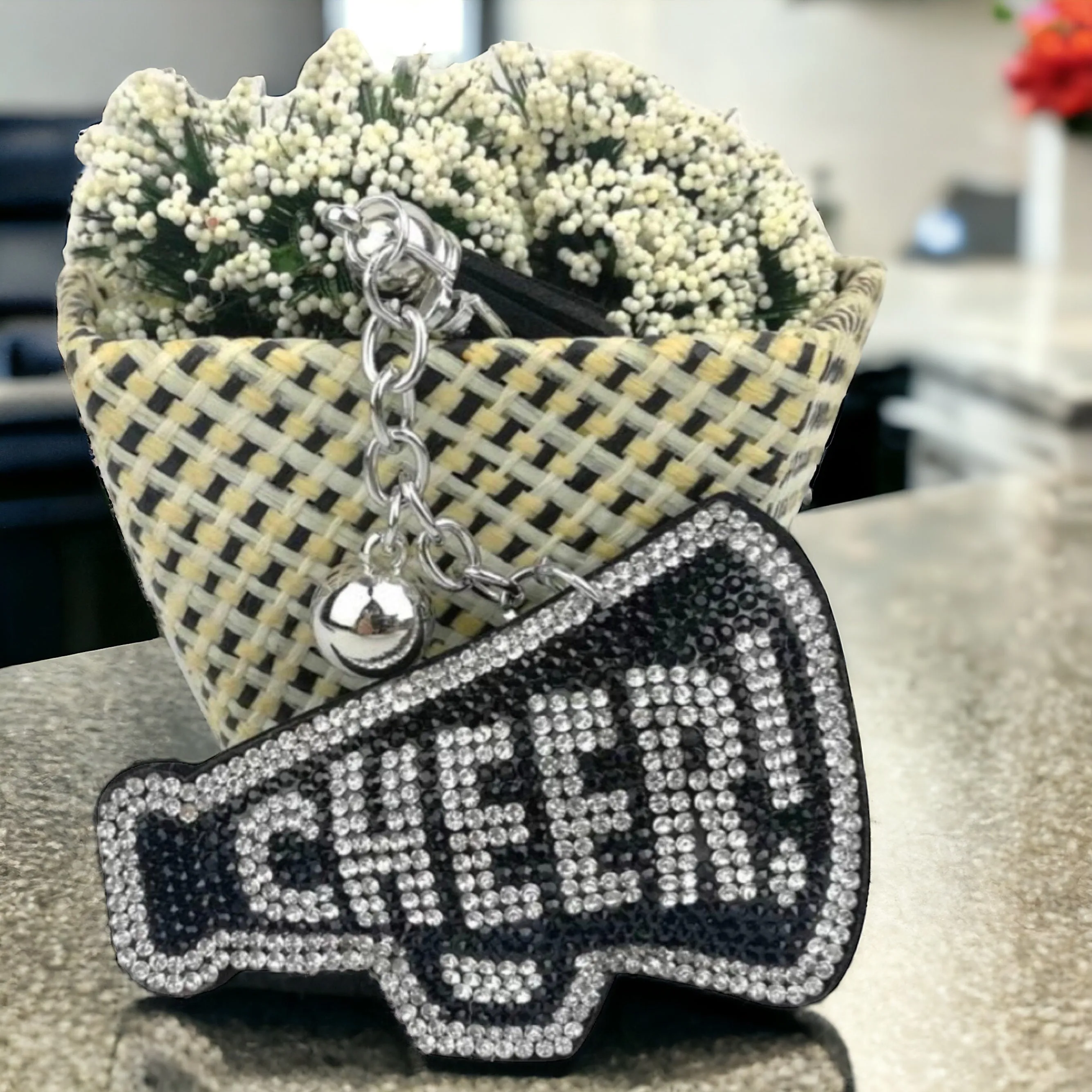 Cheer Keychain - Cheerleader Bag Charm, Cheerleader Keychain, Rhinestone Cheer Keychain, Black and White, Cheer Coach Gift, Cheer Mom