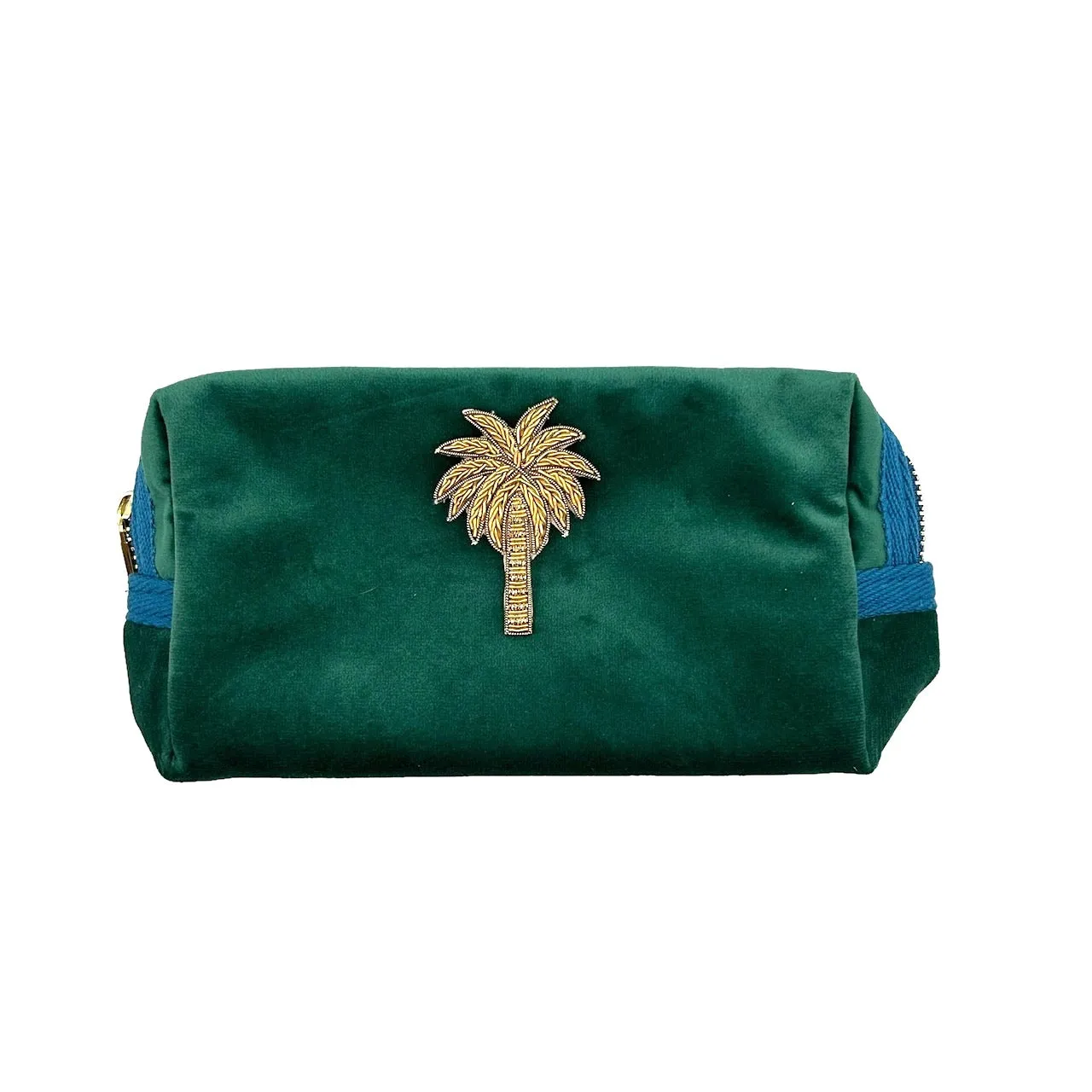 Green make-up bag & gold palm tree - recycled velvet