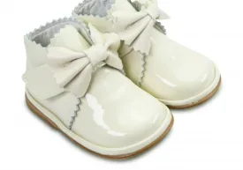 Sharon Boots  Cream PATENT Leather Velcro Boot with Bow